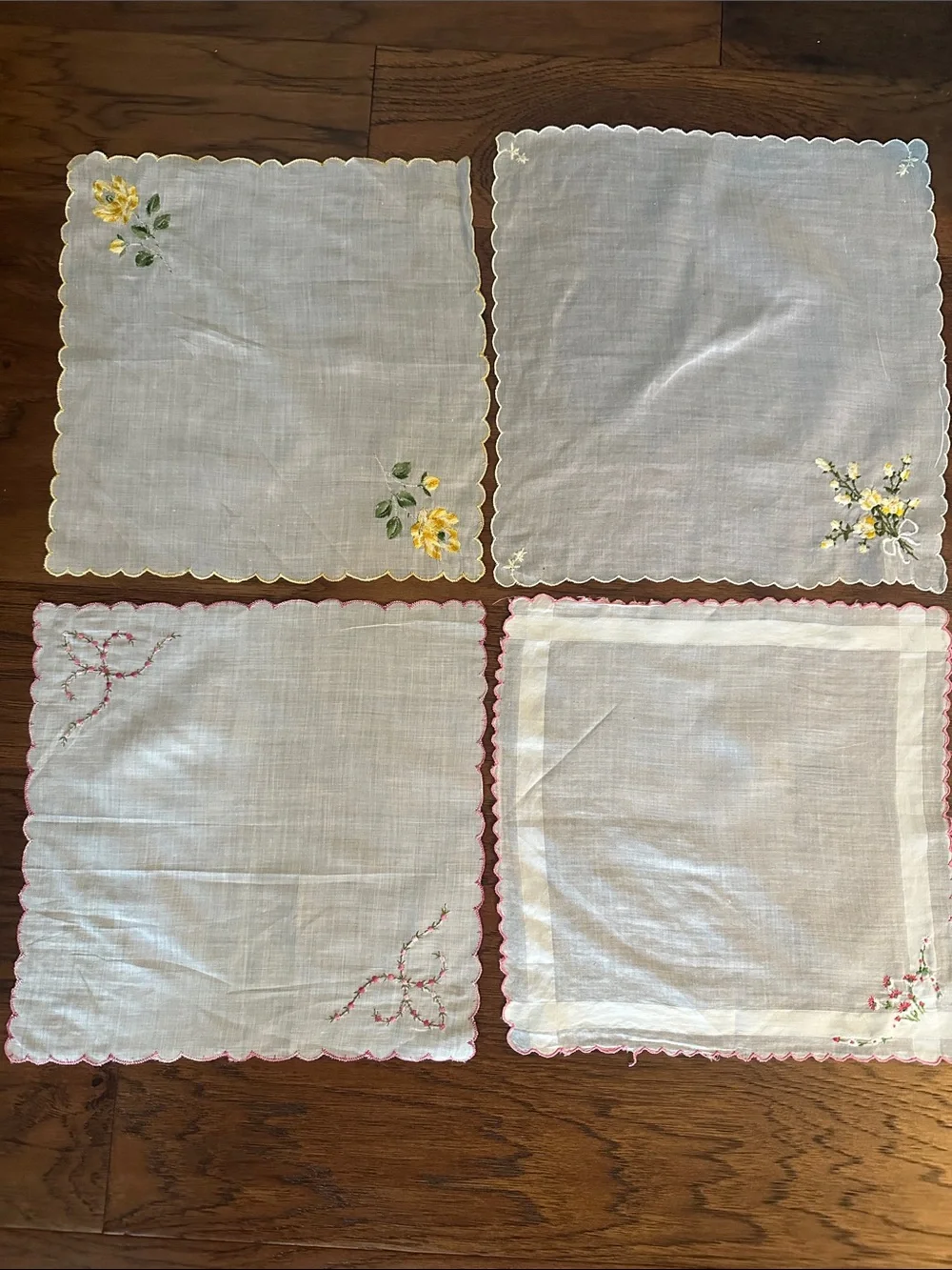 Vintage Set of 4 Embroidered Linen hankies with Yellow and Pink Accents